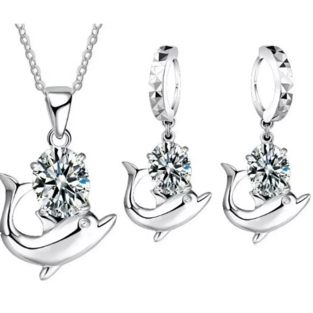 π Cute Dolphin 925 Sterling Silver Bundle Necklace Earrings Pendant - Picture 1 of 4